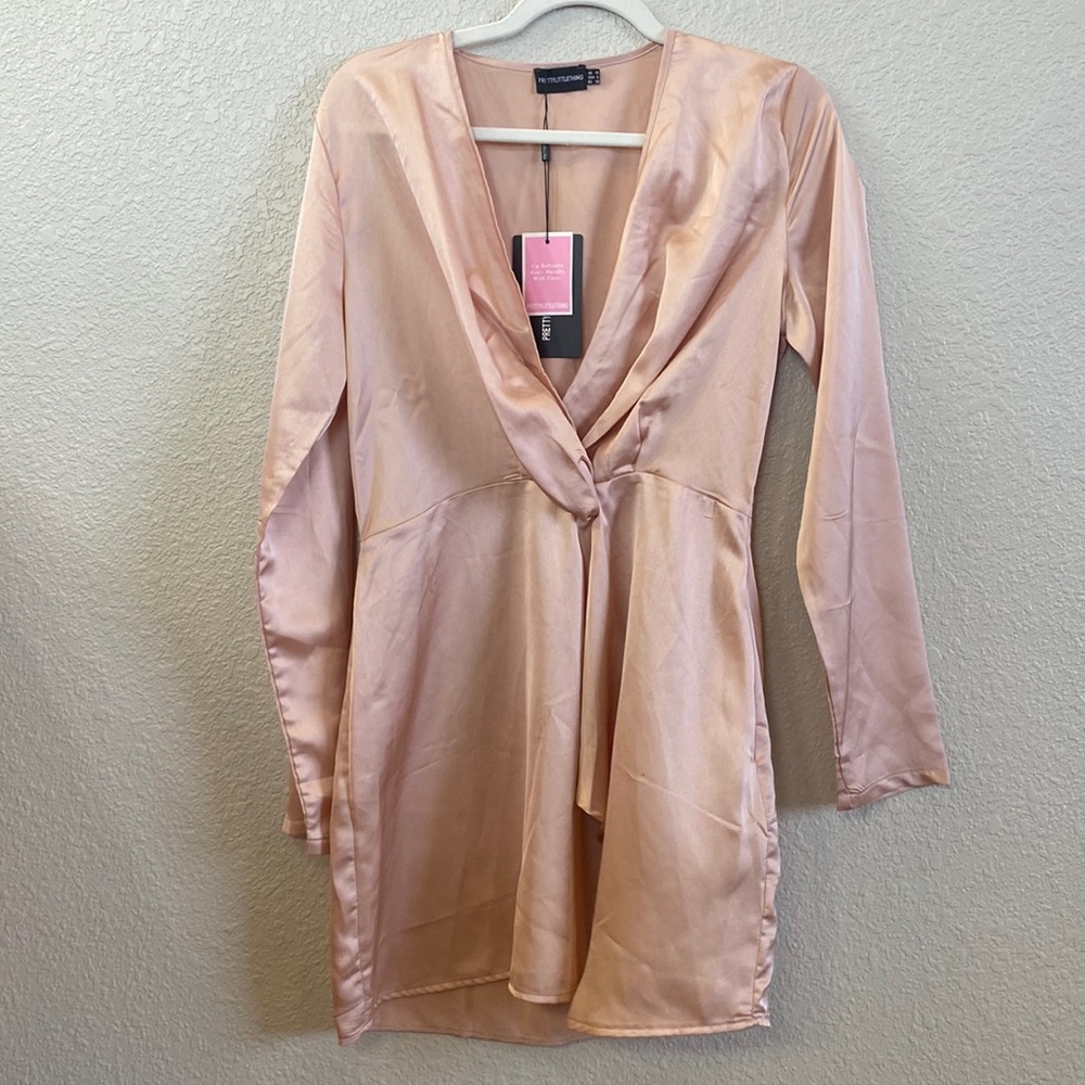 NWT Pretty Little Thing Pink Satin Long-Sleeve Wrap Dress